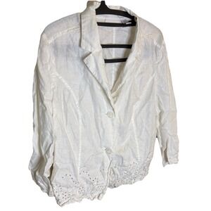 Chico's Top White Eyelet Long Sleeve 100% Linen Polyester Embroidery‎ Size 2